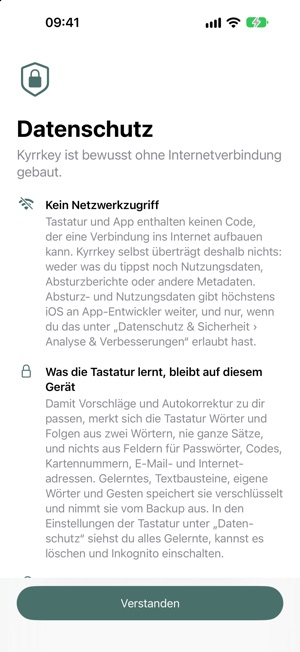 Die Seite „Datenschutz“ in der App Kyrrkey.