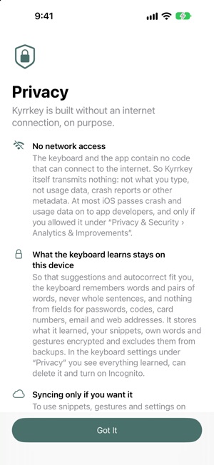 The privacy page in the Kyrrkey app.