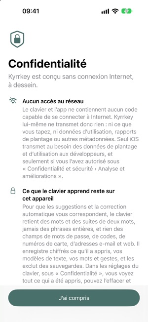 La page Confidentialité de l’app Kyrrkey.