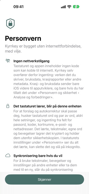 Personvernsiden i Kyrrkey-appen.